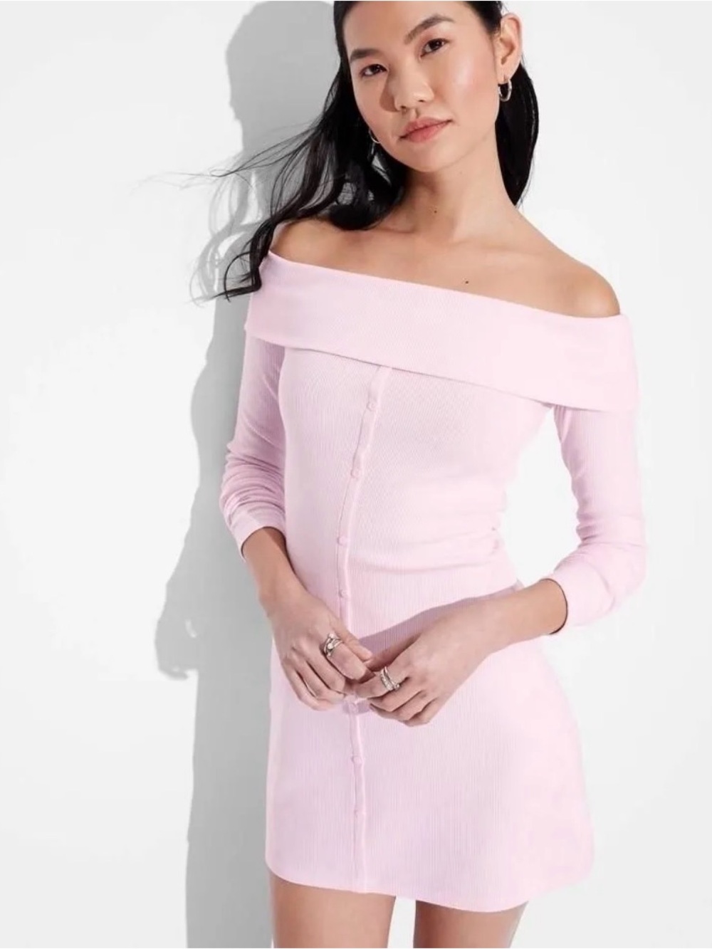 Off-Shoulder Long Sleeve Pink Bodycon Dress
